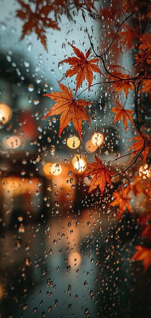 Autumn leaves behind glass with rain droplets and bokeh lights.