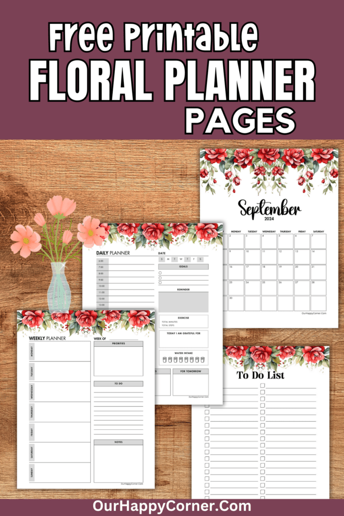 Floral planner pages of daily, weekly, monthly pages