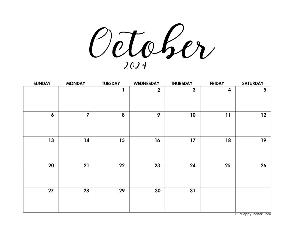 Horizontal minimalist October 2024 calendar 