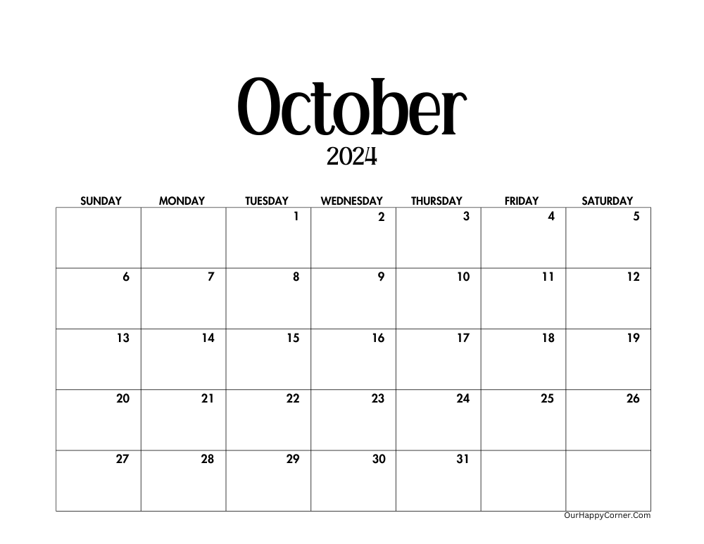 Minimalist black and white October calendar 