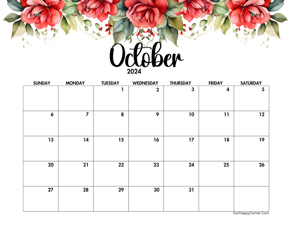 Red floral autumn horizontal calendar