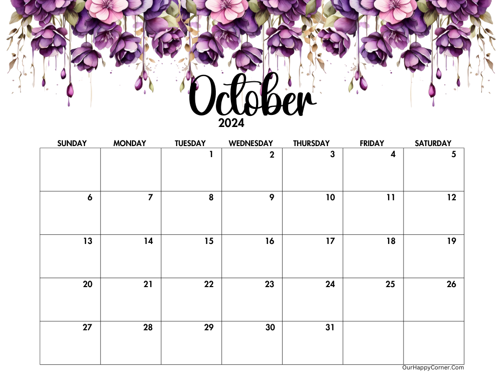 Floral horizontal October 2024 calendar