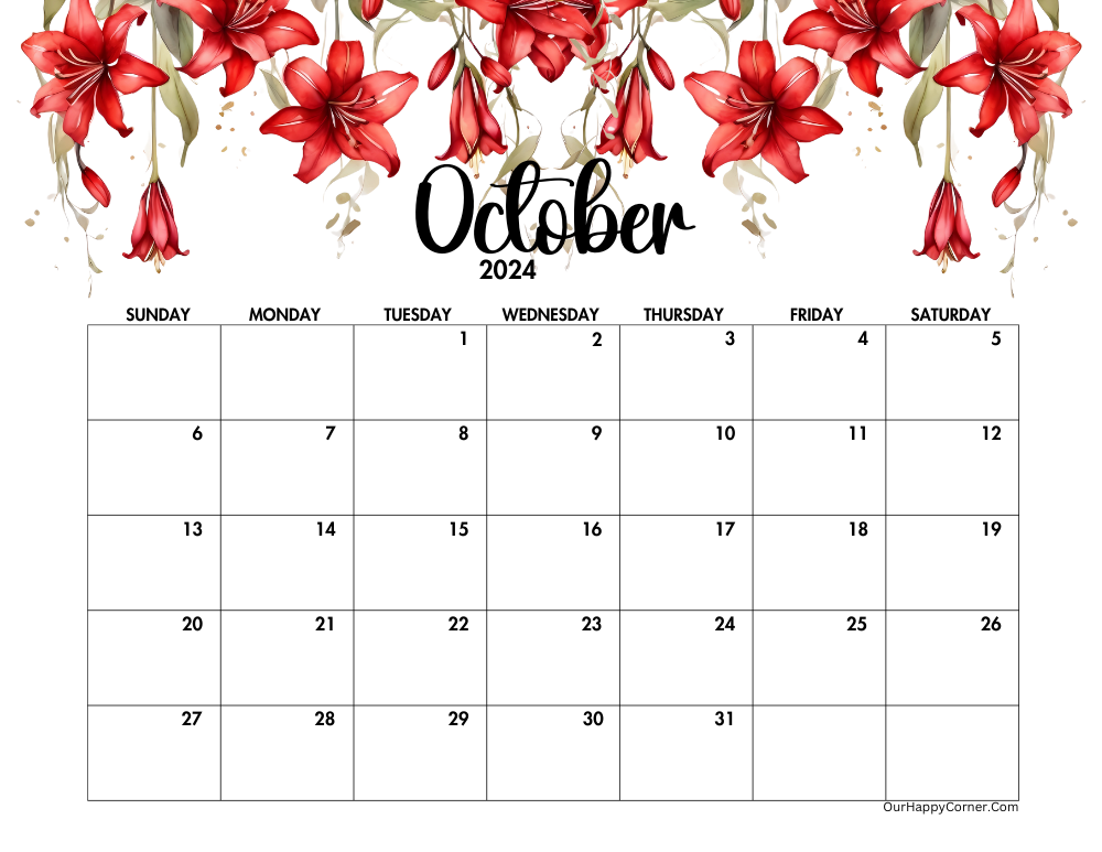 Red floral October Calendar 2024 horizontal