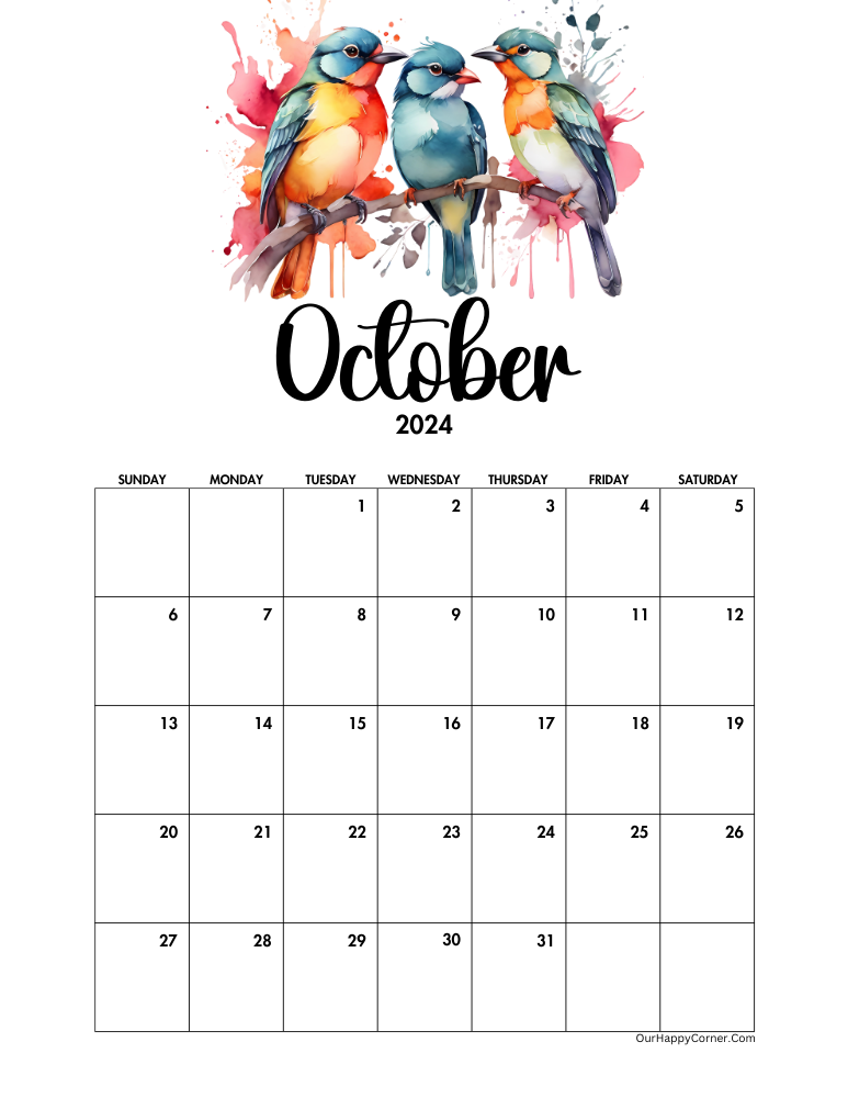 Watercolor birds October 2024 Calendar