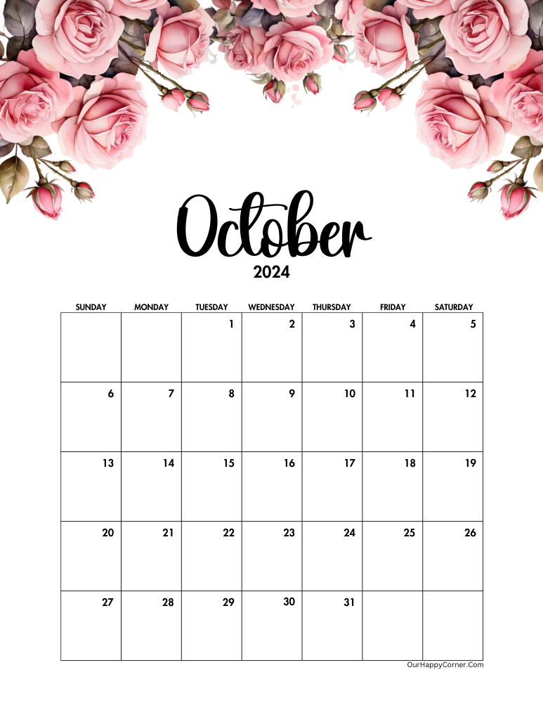 Pink roses monthly calendar October