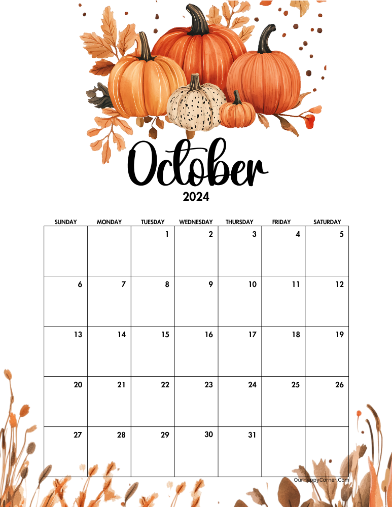 Watercolor pumpkin patch October 2024 calendar