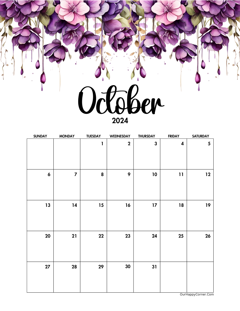 Watercolor floral October calendar 2024