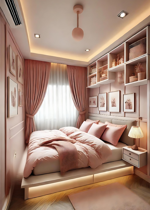 Small, cozy bedroom with pink theme, elevated bed, built-in shelves, and soft lighting