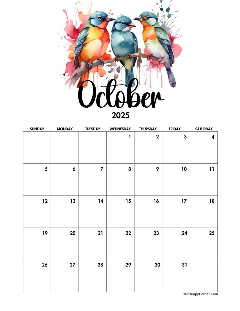 Watercolor birds October 2025 Calendar