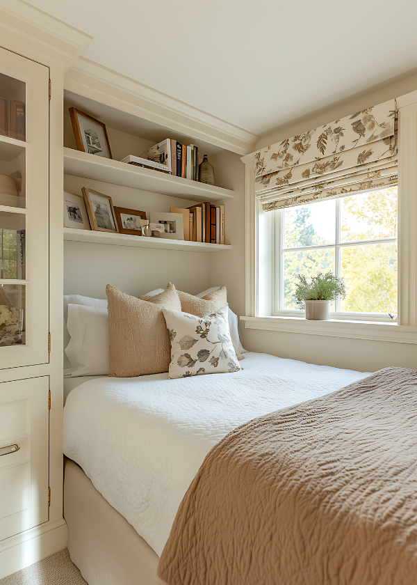 Wall-mounted shelves in small bedroom