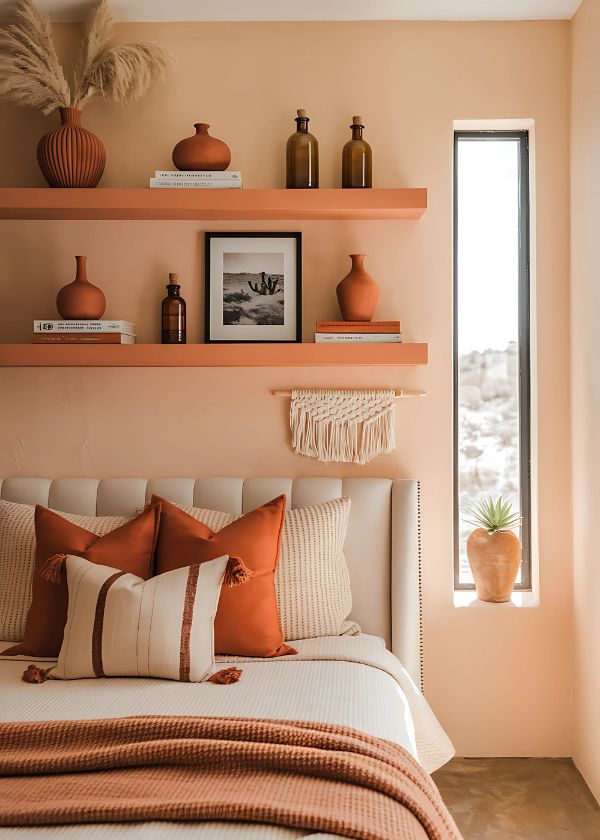 Terracotta wall shelves with decor in a small peach bedroom.