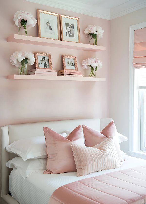 Blush pink wall shelves above bed with books and flower arrangements