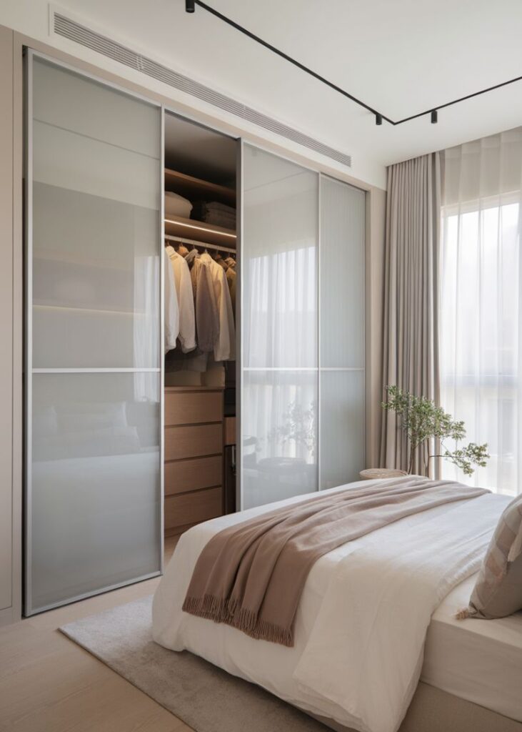 Frosted sliding closet doors in a small modern bedroom with organized hanging clothes inside.