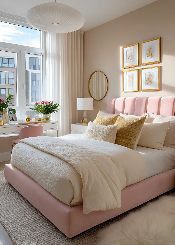 Blush and cream bedroom with round mirror and soft natural light