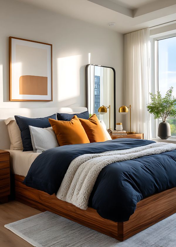 Modern bedroom with tall mirror, navy bedding, and warm golden accents