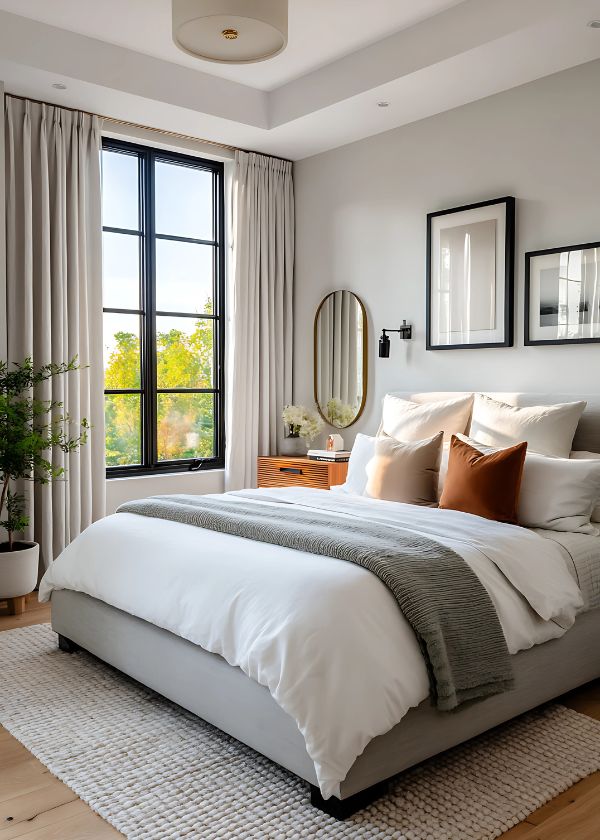 Neutral bedroom with oval mirror, black-framed window, and cozy layered bedding