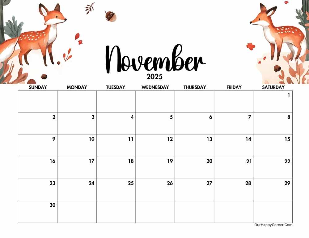Autumn horizontal calendar printable