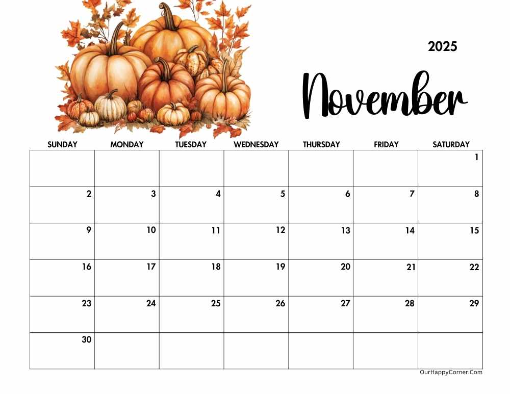 Autumn horizontal calendar printable