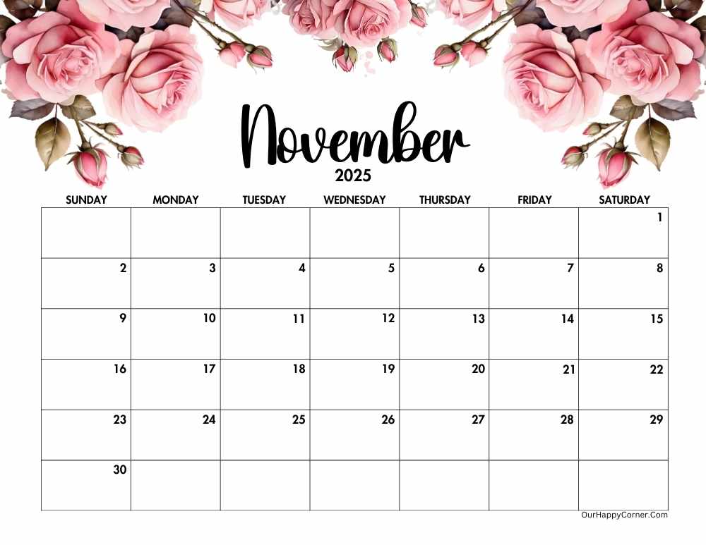 Pink roses calendar horizontal