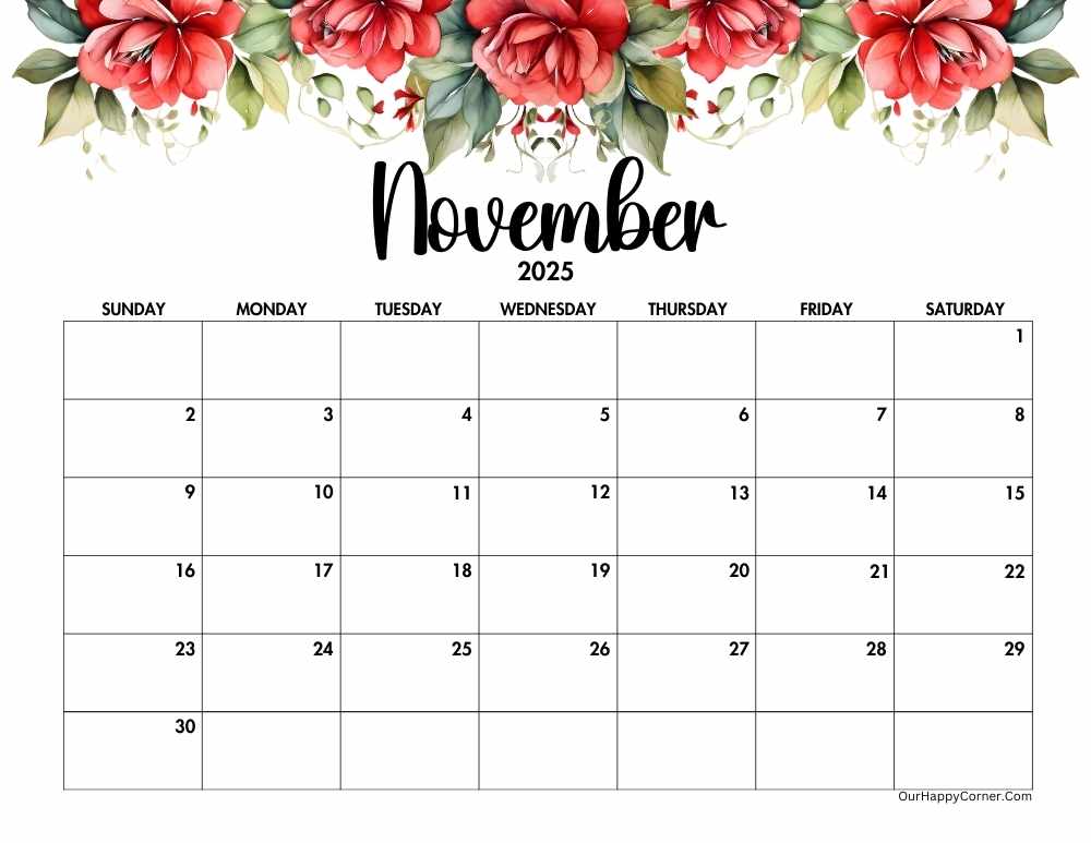 Red floral horizontal calendar