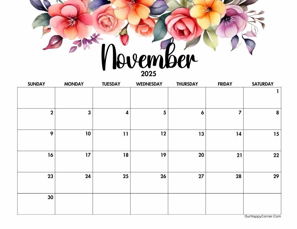 Floral horizontal November calendar