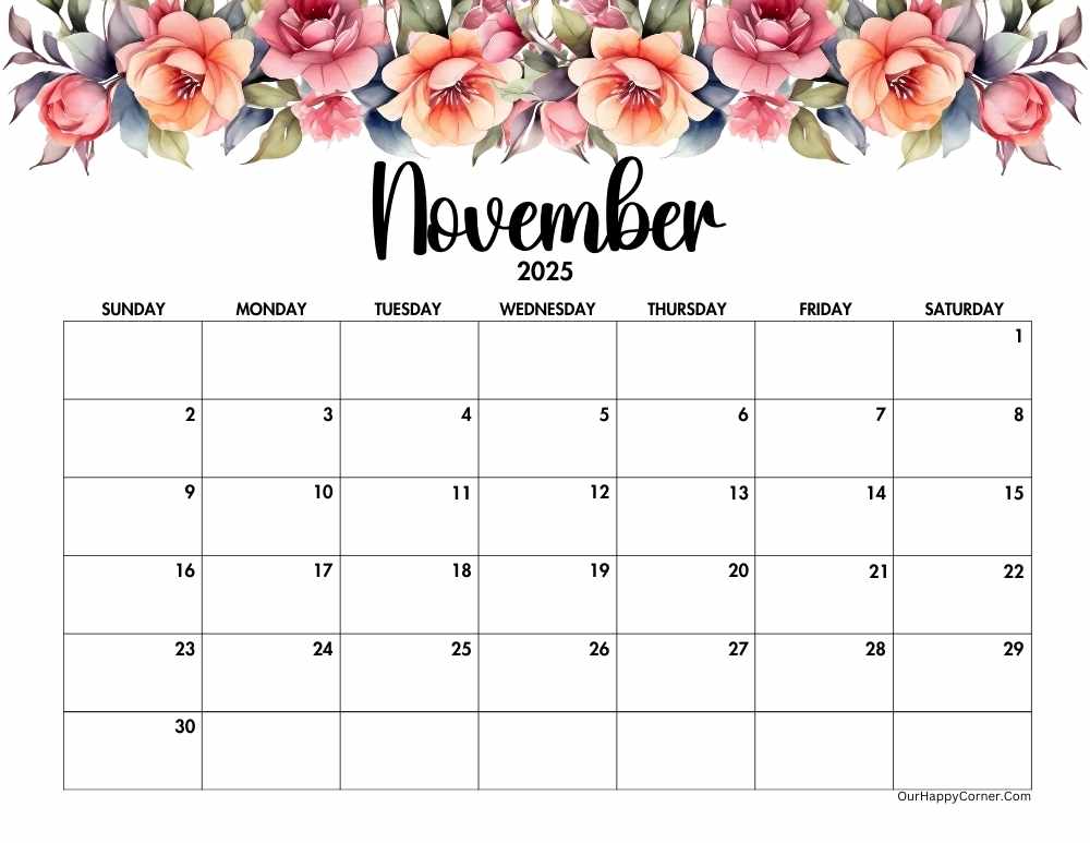 Floral horizontal calendar printable