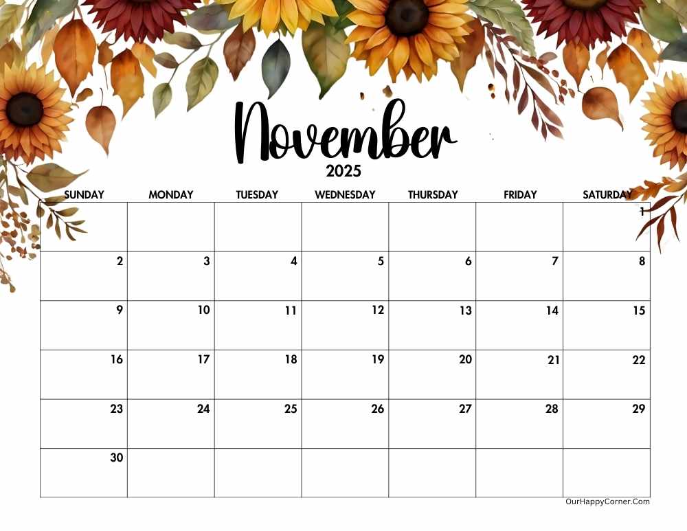 Autumn horizontal calendar printable