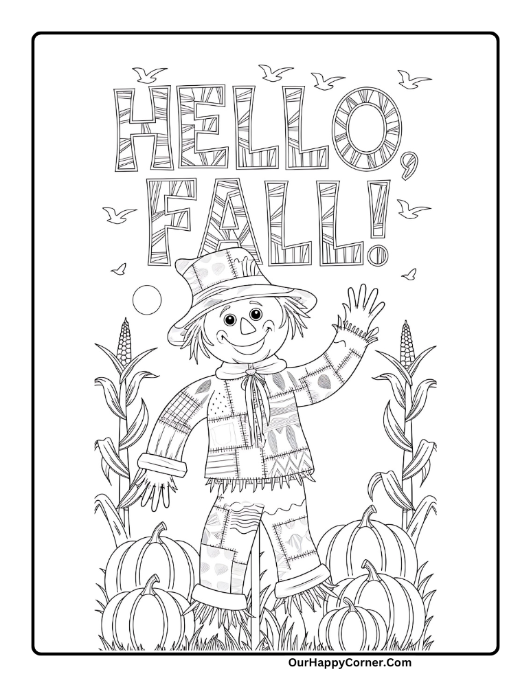 Hello Fall with Friendly Scarecrow