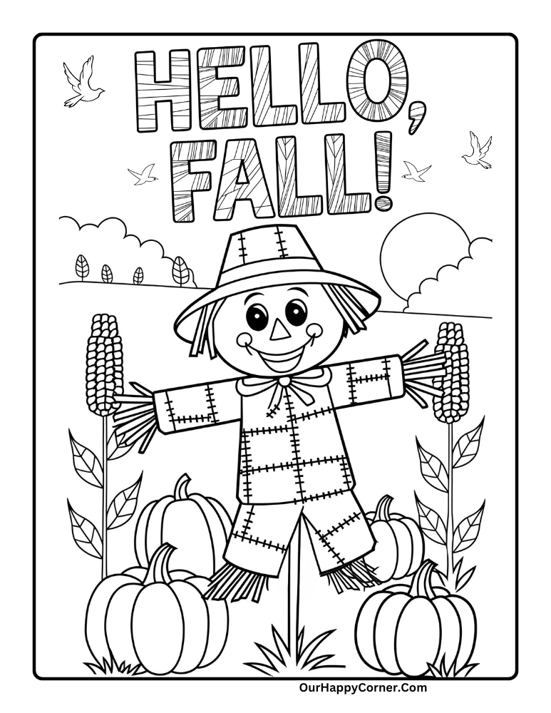 Hello Fall with scarecrow smiling in corn field