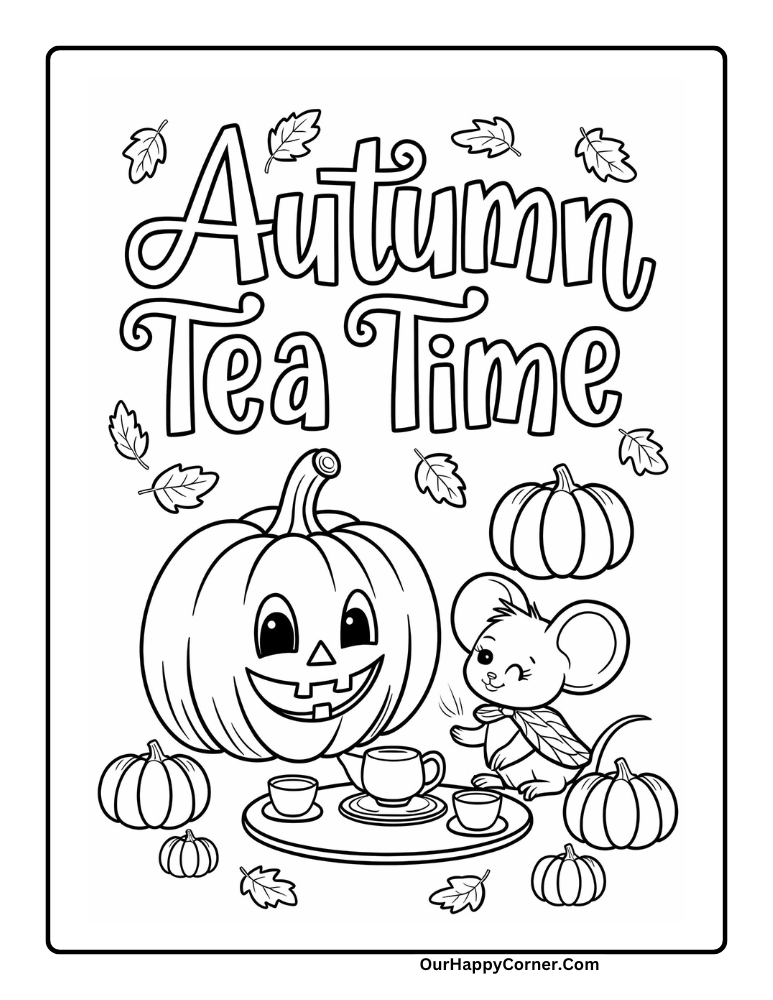 Fall pumpkin drinking tea with mouse