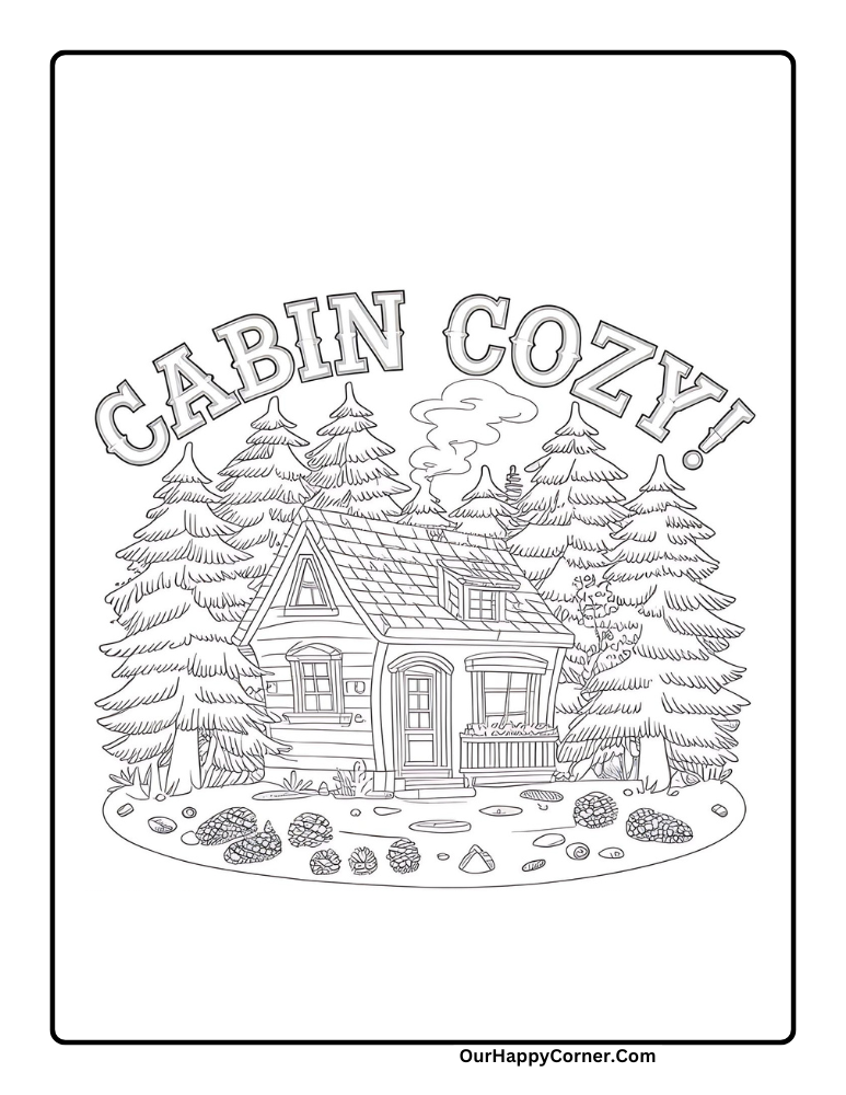 Fall Coloring Page of cabin in the woods