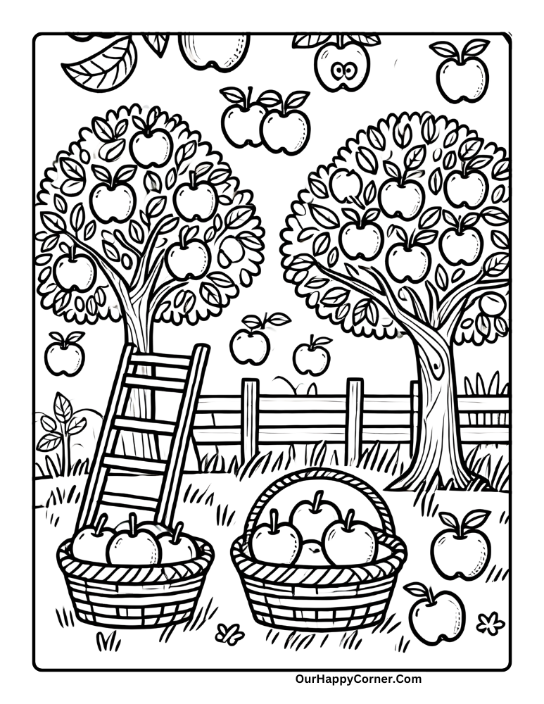 Apple trees and apples in baskets