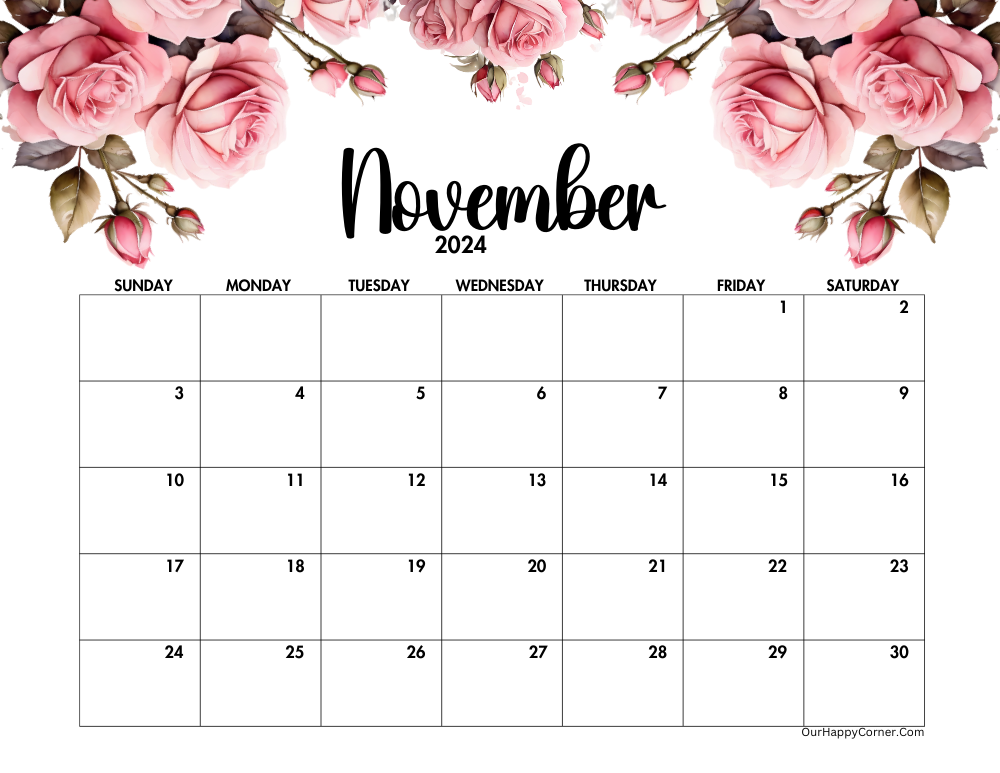 Pink roses calendar horizontal