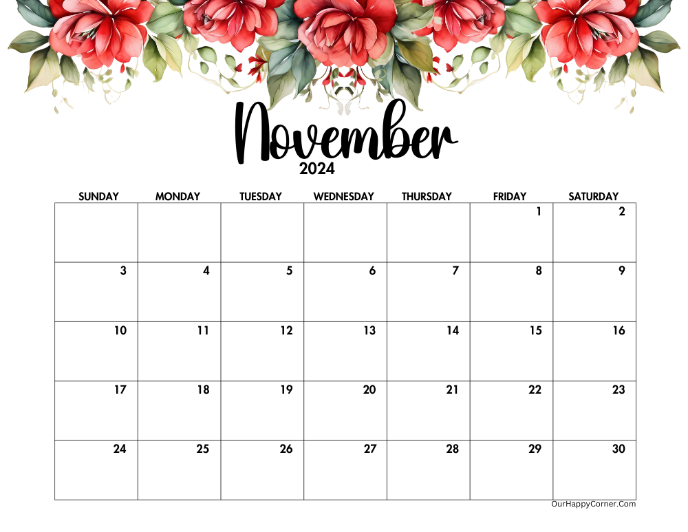 Red floral horizontal calendar