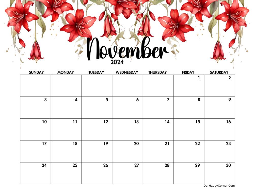 Floral horizontal calendar printable