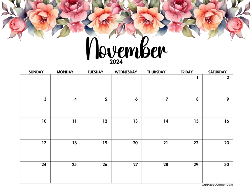 Floral horizontal calendar printable