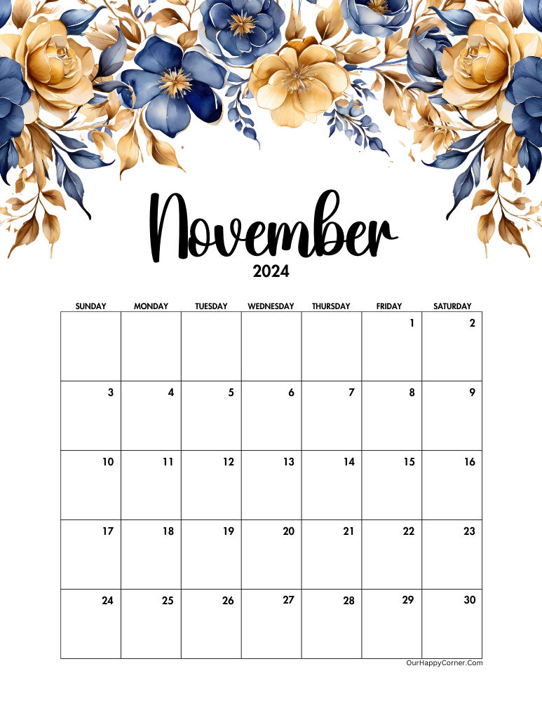 Blue and gold calendar printable for November