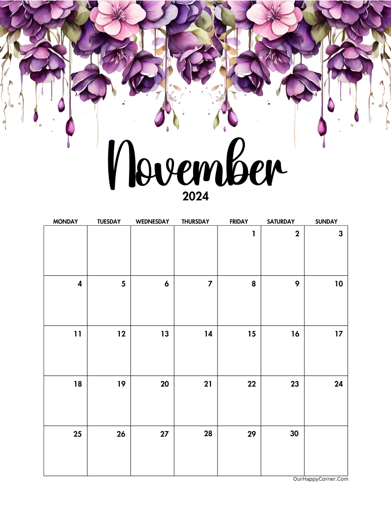 Watercolor Purple Floral November Calendar Monday Start Date