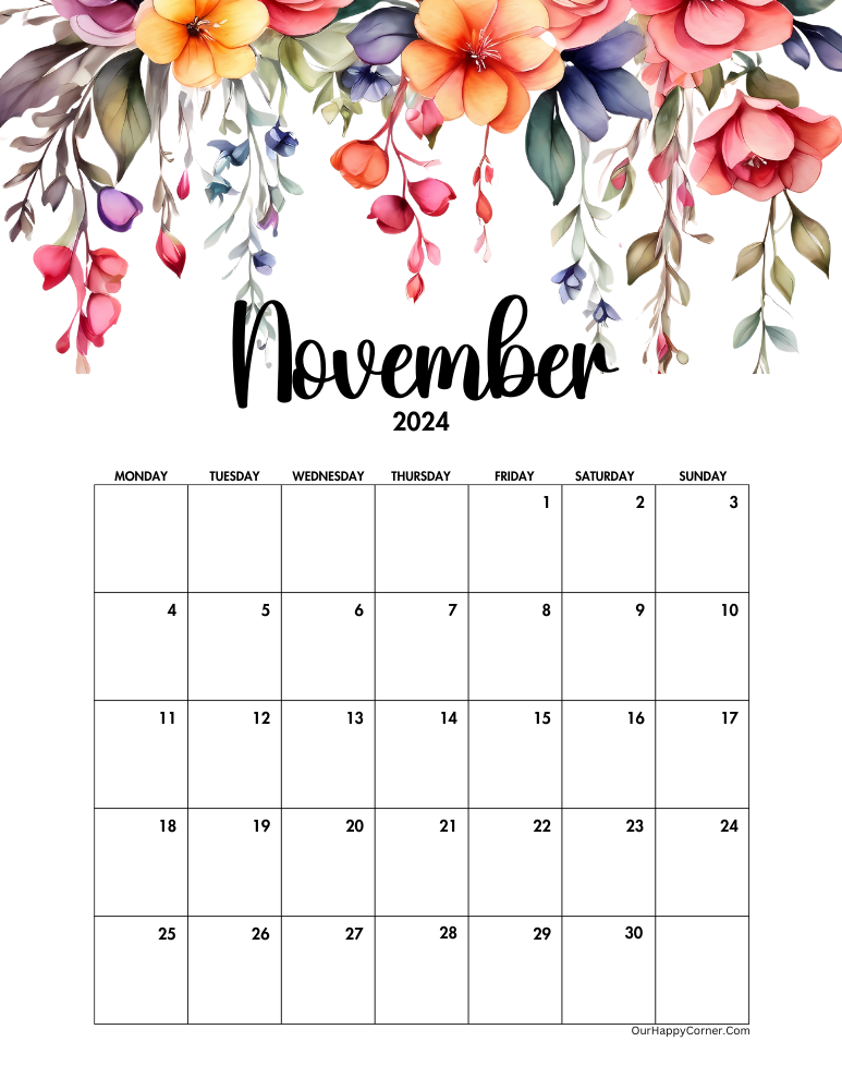 Floral Calendar Monday Start Day