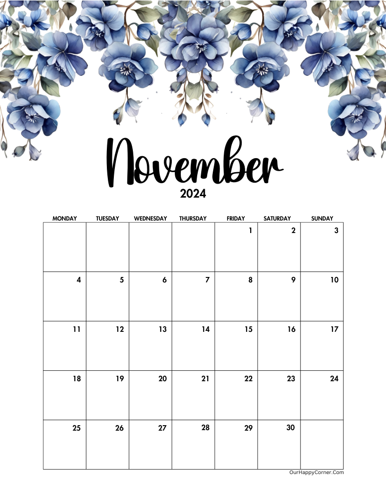 Blue floral decorated calendar Monday start