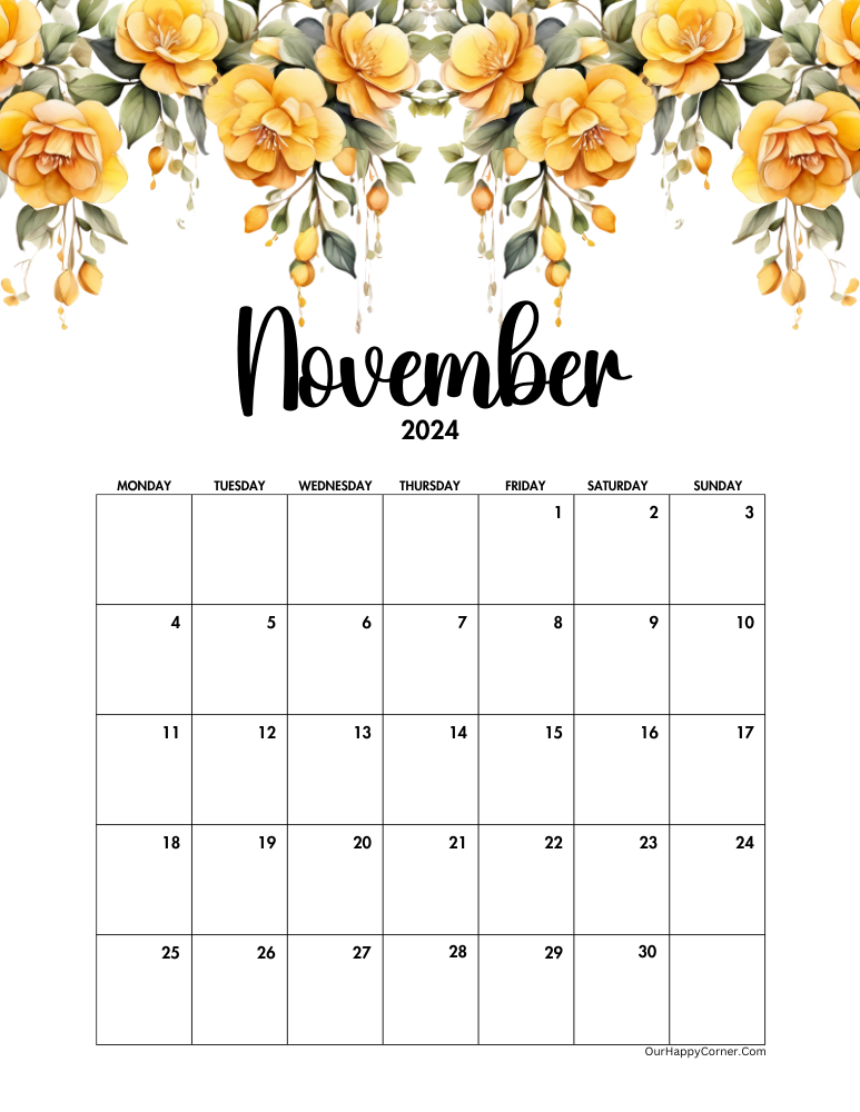 Yellow floral decorated November calendar Monday start