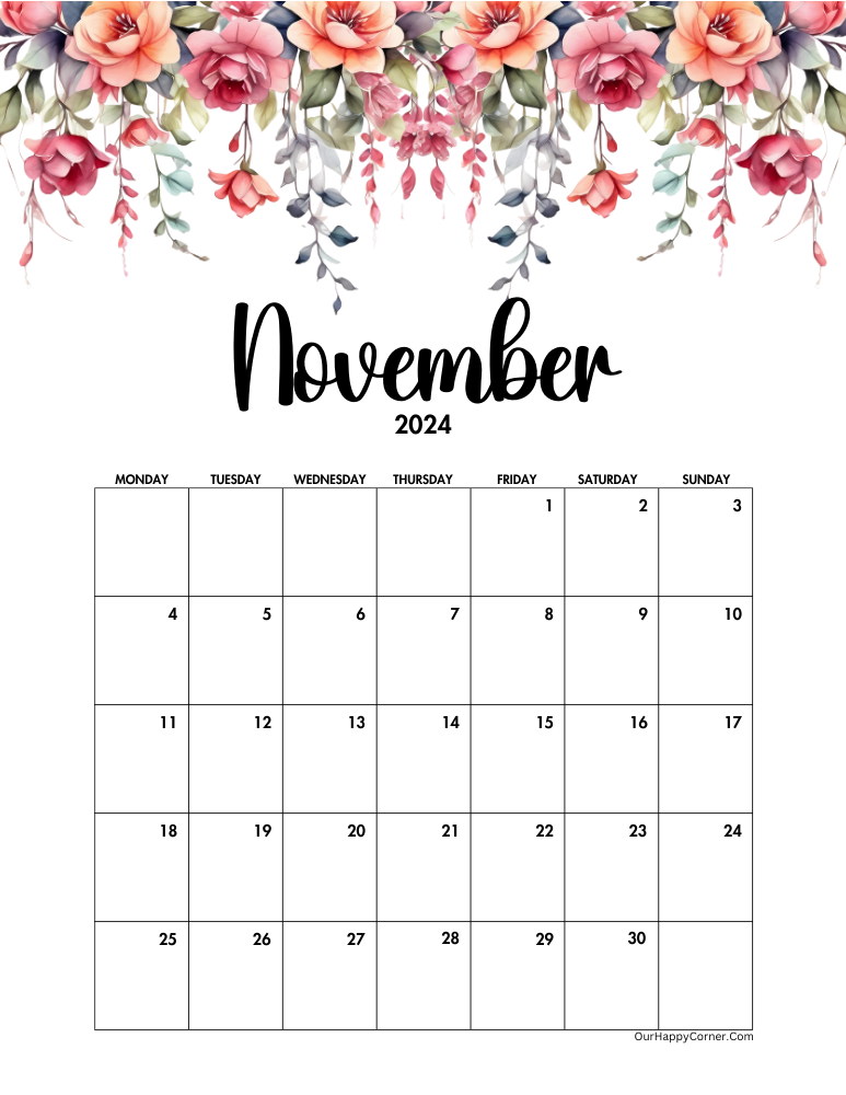 Floral November calendar Monday Start Day