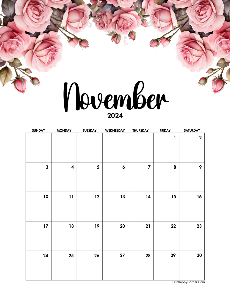 November Pink floral calendar 2024