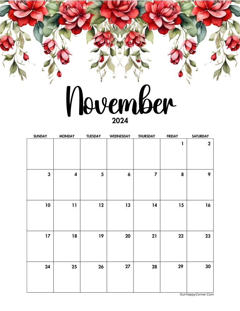 November Red Floral 2024 Calendar