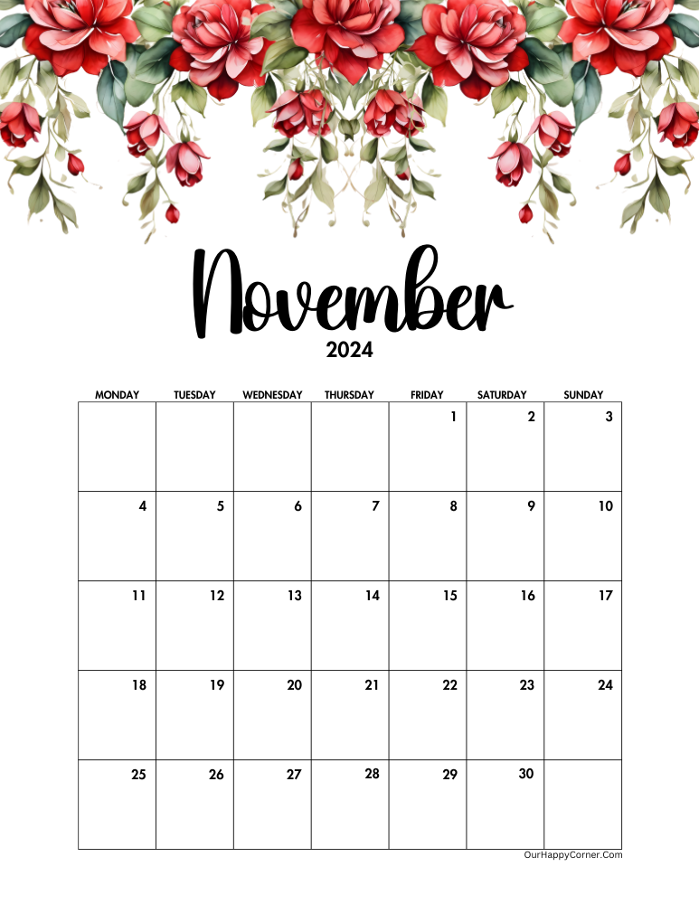 November Red Floral 2024 Monday Start Calendar