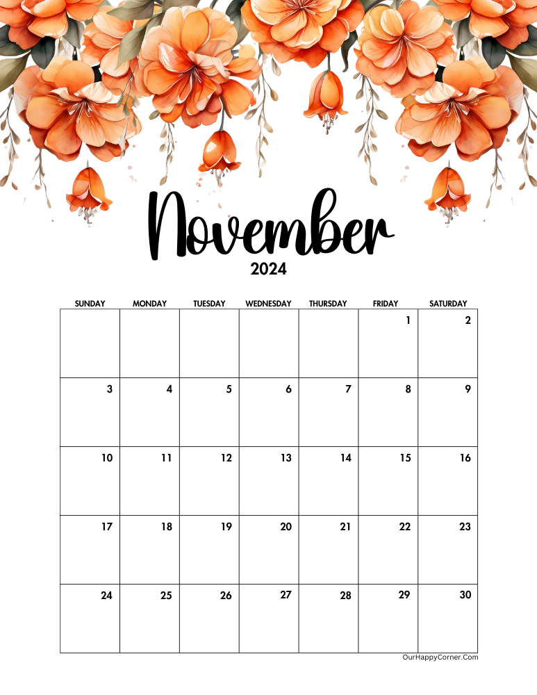 Orange Floral November Calendar