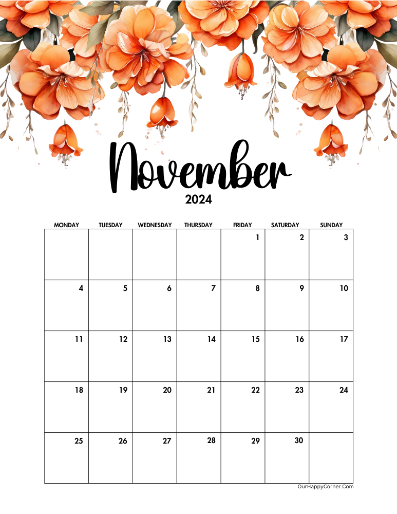 Orange Floral Monday Start Calendar 