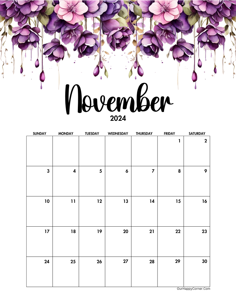 Watercolor Purple Floral November Calendar 2024