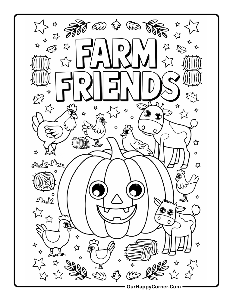 Large pumpkin surrounded by farm animals