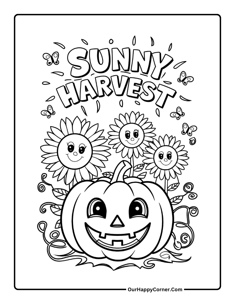 Smilinig pumpkin with smiling sunflowers around pumpkin coloring pages